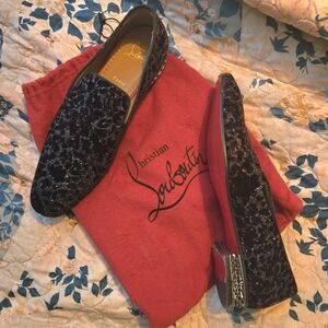 Christian Louboutin Black Velvet Patterned Men’s Slip-On Loafers